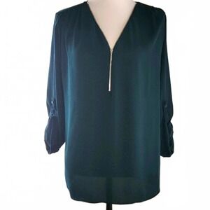 INC Teal V-Neck Blouse with‎ Zipper Detail